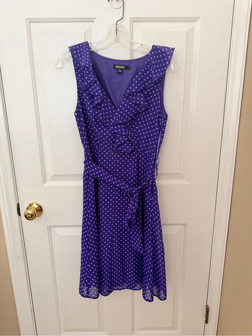 DKNY Purple Polka Dot Ruffle Wrap Dress with Self-Tie